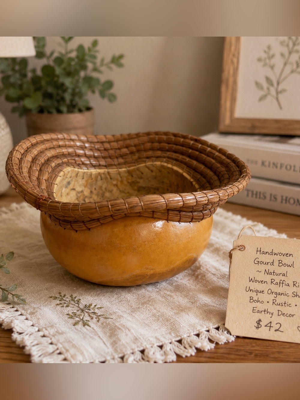 Handwoven Gourd Bowl with Woven Raffia Rim – Boho Rustic Decor